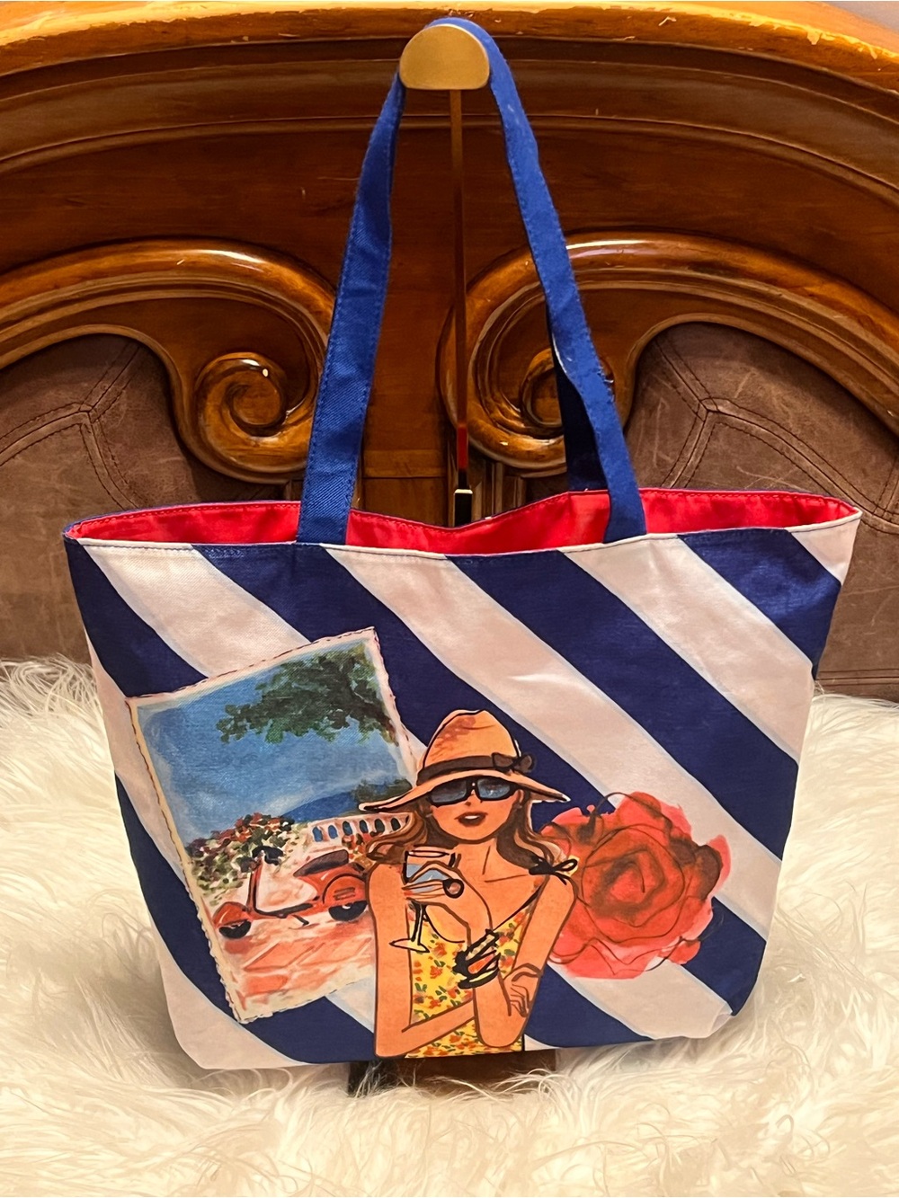Lancome Blue and White Striped Tote with Red Lining and Multicolor Graphic